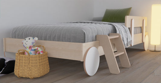 Montessori floor bed frame in a well-lit room, designed for child safety & independence, with neutral bedding and minimalist decor.