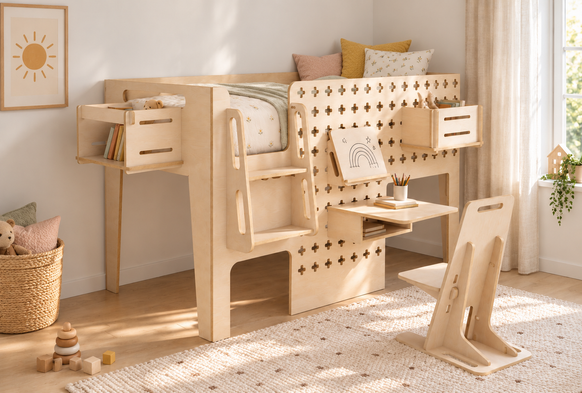 Birch Ply Low Loft Bed "Rabbit Nook" with Study Set