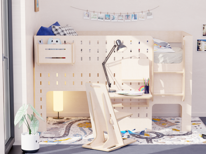 Low Loft Bed "Rabbit Nook" with Study Set | Birch Ply