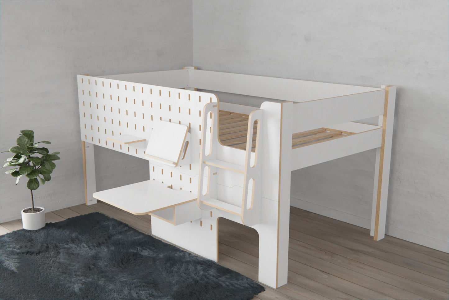 Versatile low loft bed featuring a desk, angled shelf, and single shelf for endless play and study