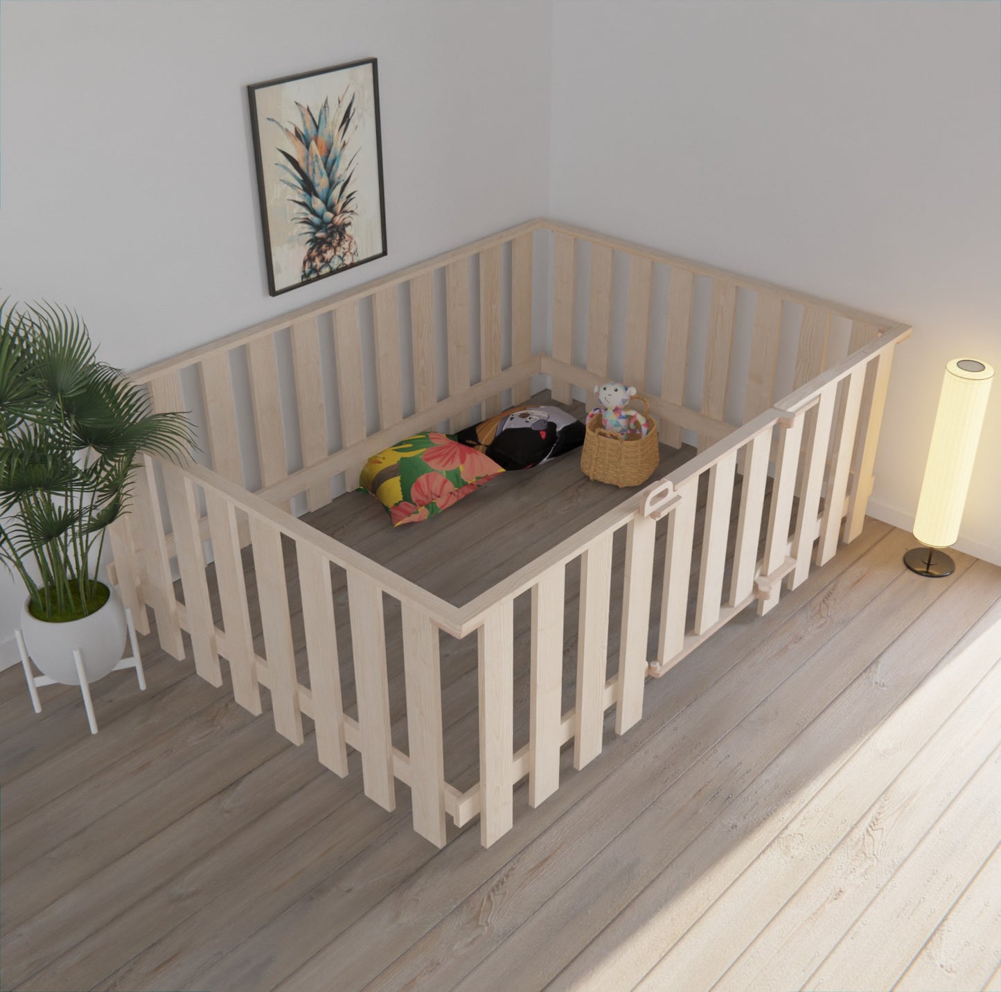 Montessori floor bed: Perfect for newborns and toddlers. High removable rails ensure a secure and comfortable sleep.