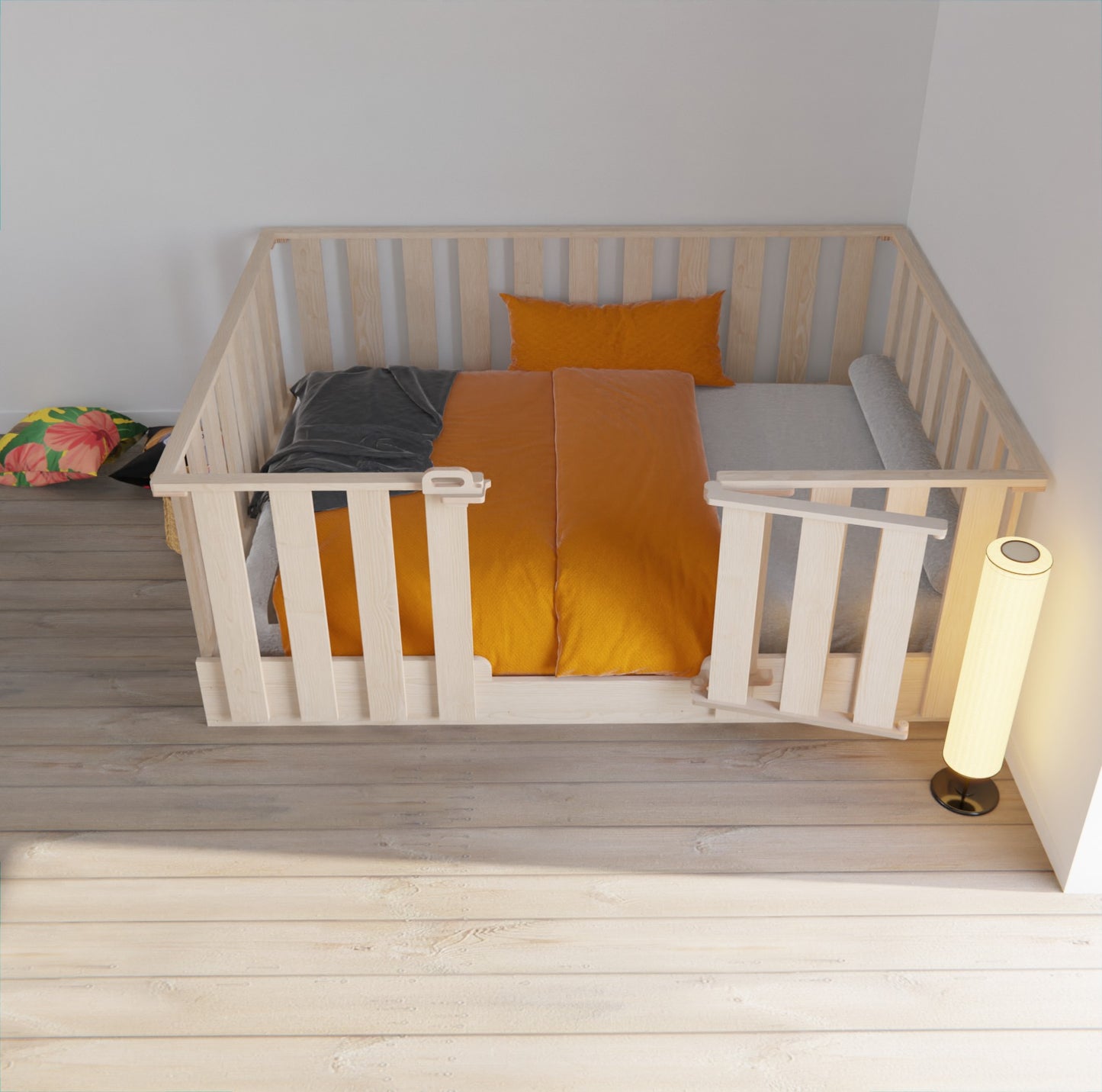 Safe and enchanting Montessori bed frame with removable high rails. Made from solid wood, it ensures a restful sleep for your child.