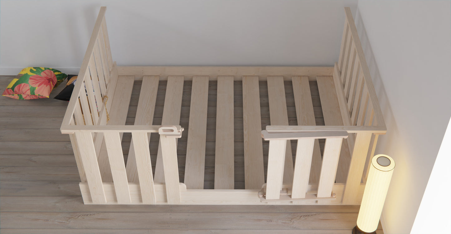 Sleep tight in our multi-size Montessori bed. High rails allow for co-sleeping while ensuring safety.