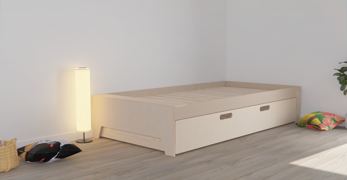 Low-profile storage bed frame with a spacious under-bed drawer on casters for easy access
