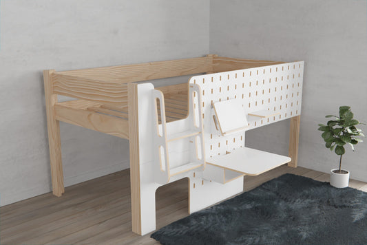 Pressed birch and solid NZ pine low loft bed with study accessories, perfect for growing kids aged 4 and up