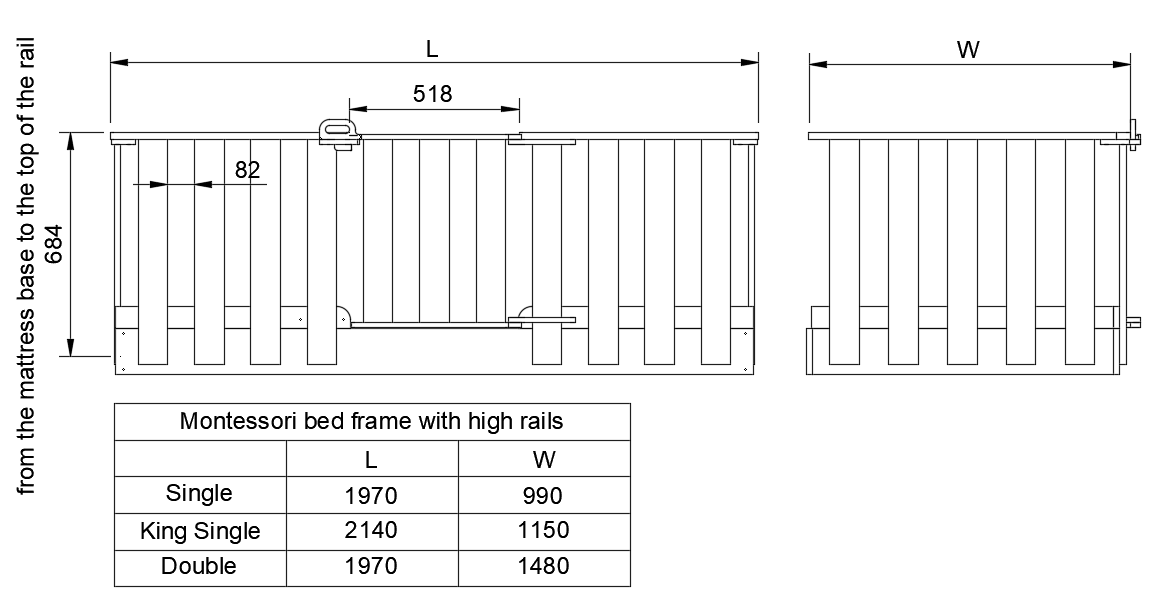 Montessori floor bed frame with high removable rail.