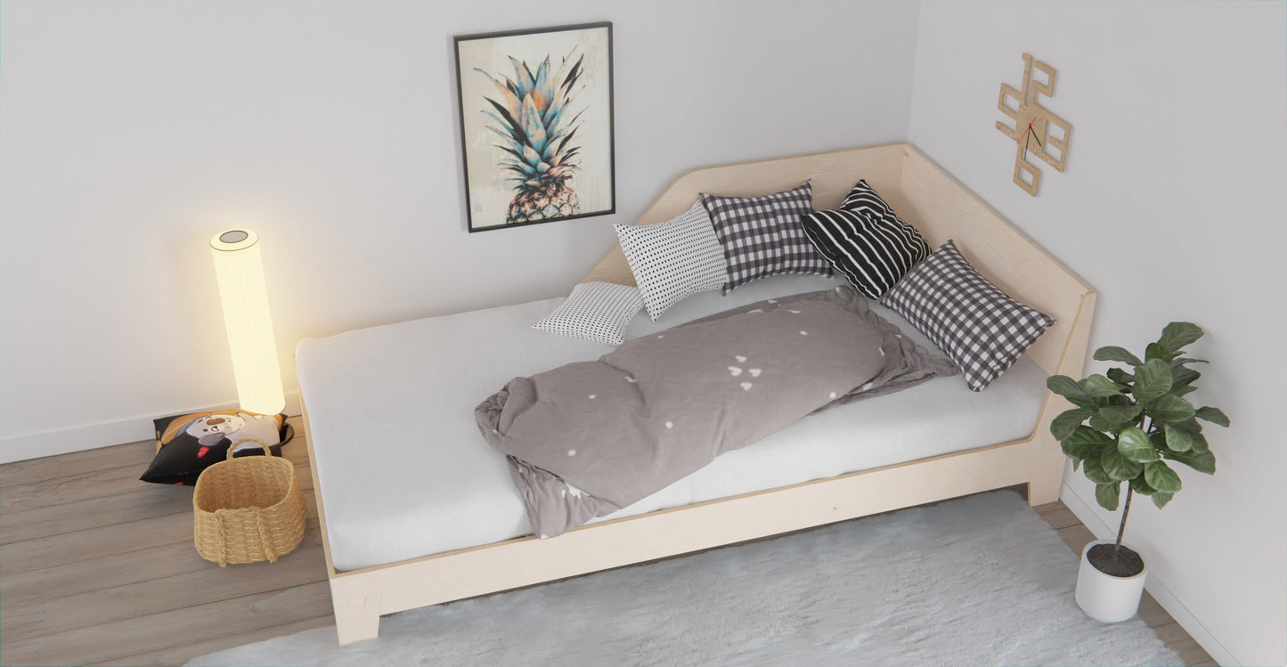 Modern wooden floor bed with high guardrails, offering safety and comfort for kids and adults