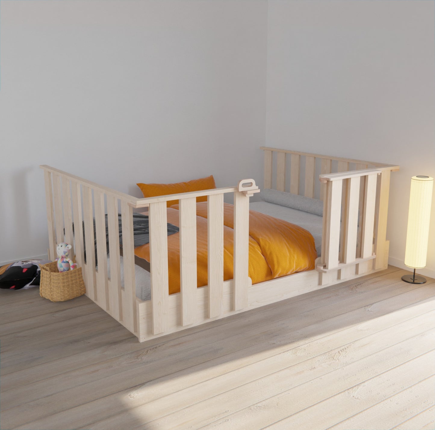 Our Montessori floor bed with high rails - a cozy nook for sleep and play, perfect for every age.
