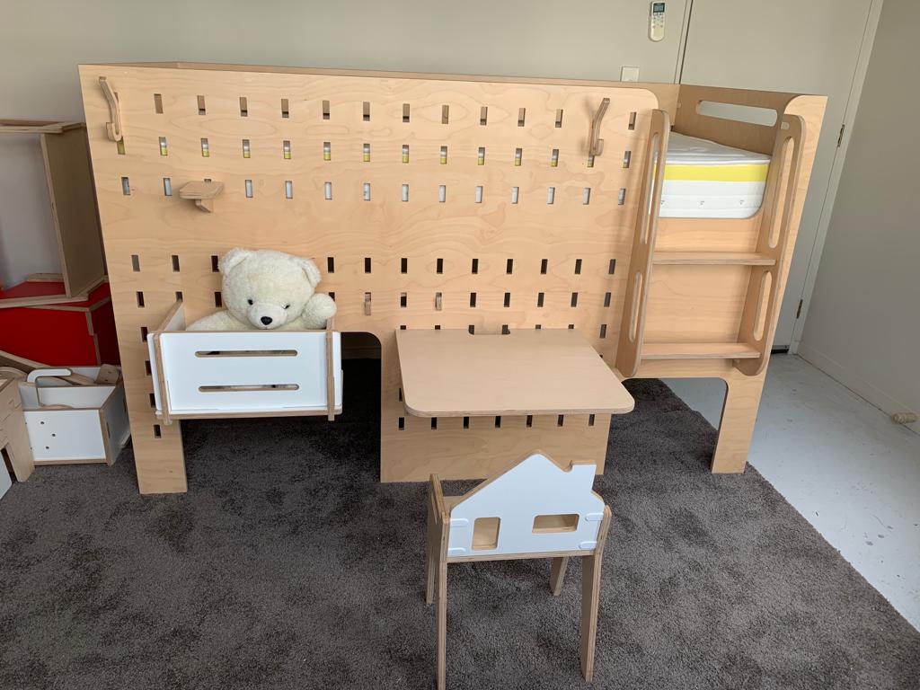 Low loft bed frame with desk