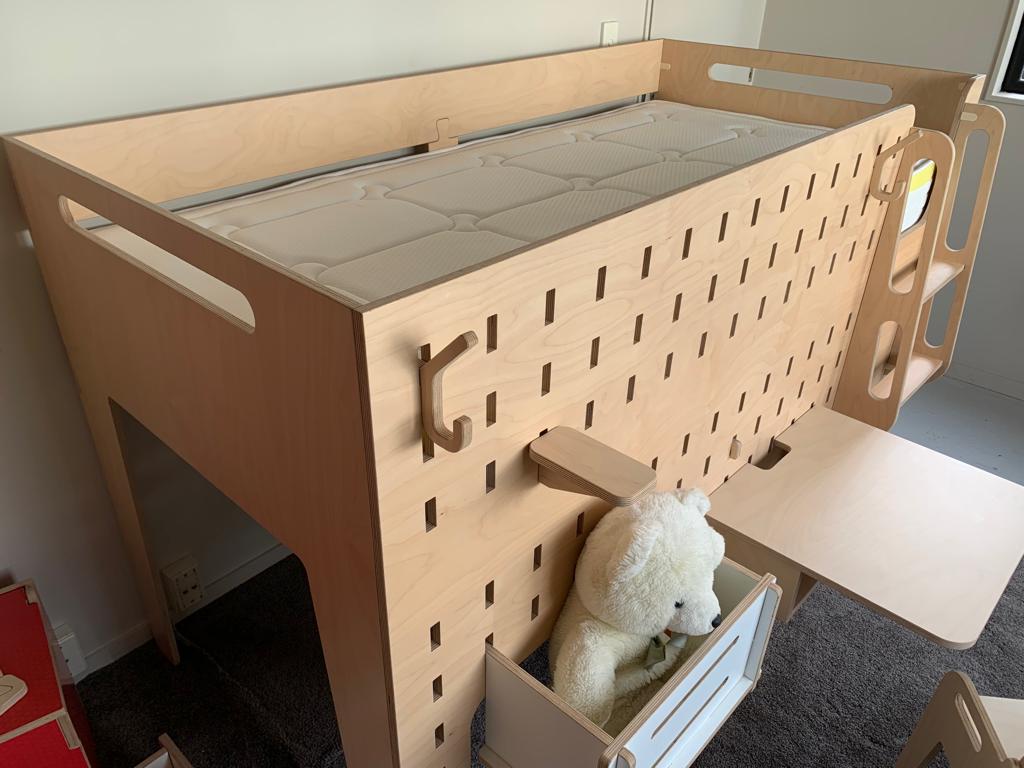 Low Loft Bed Frame With Table and shelves