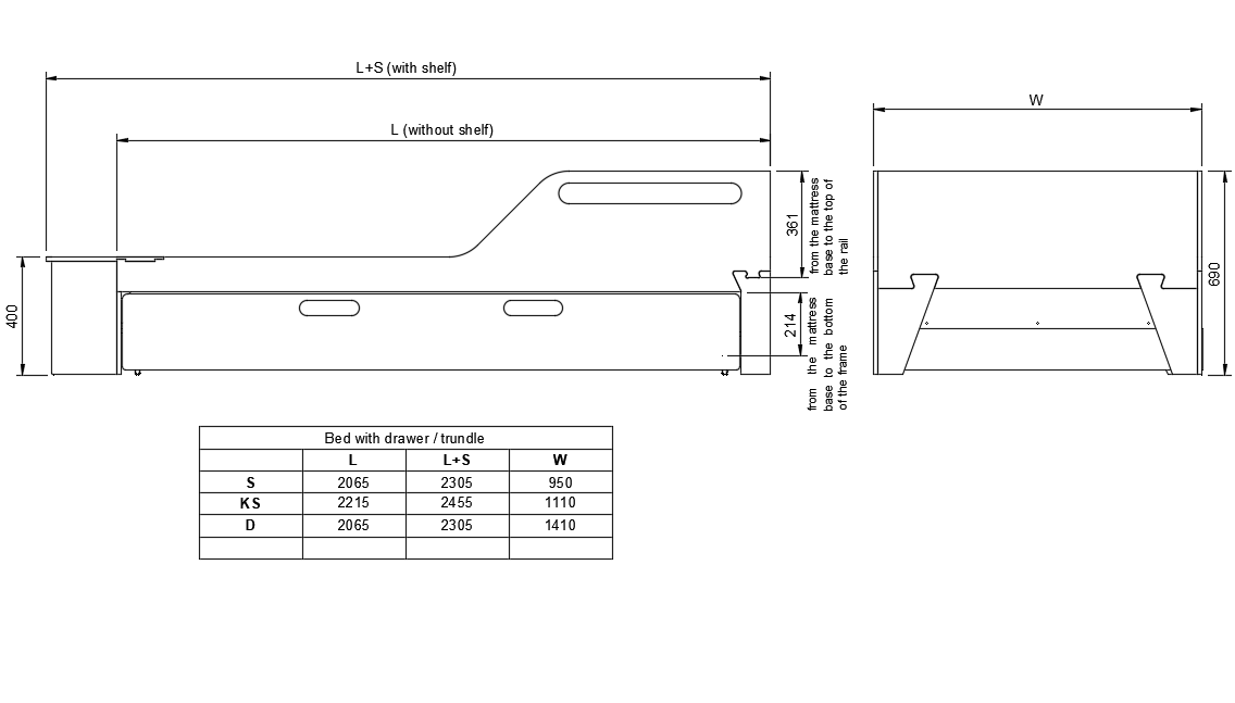 bed with drawer or trundle with shelf and guardrail