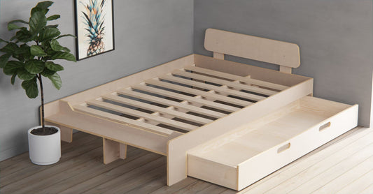 Double floor bed with roomy under-bed drawer on casters for bedding and clothes