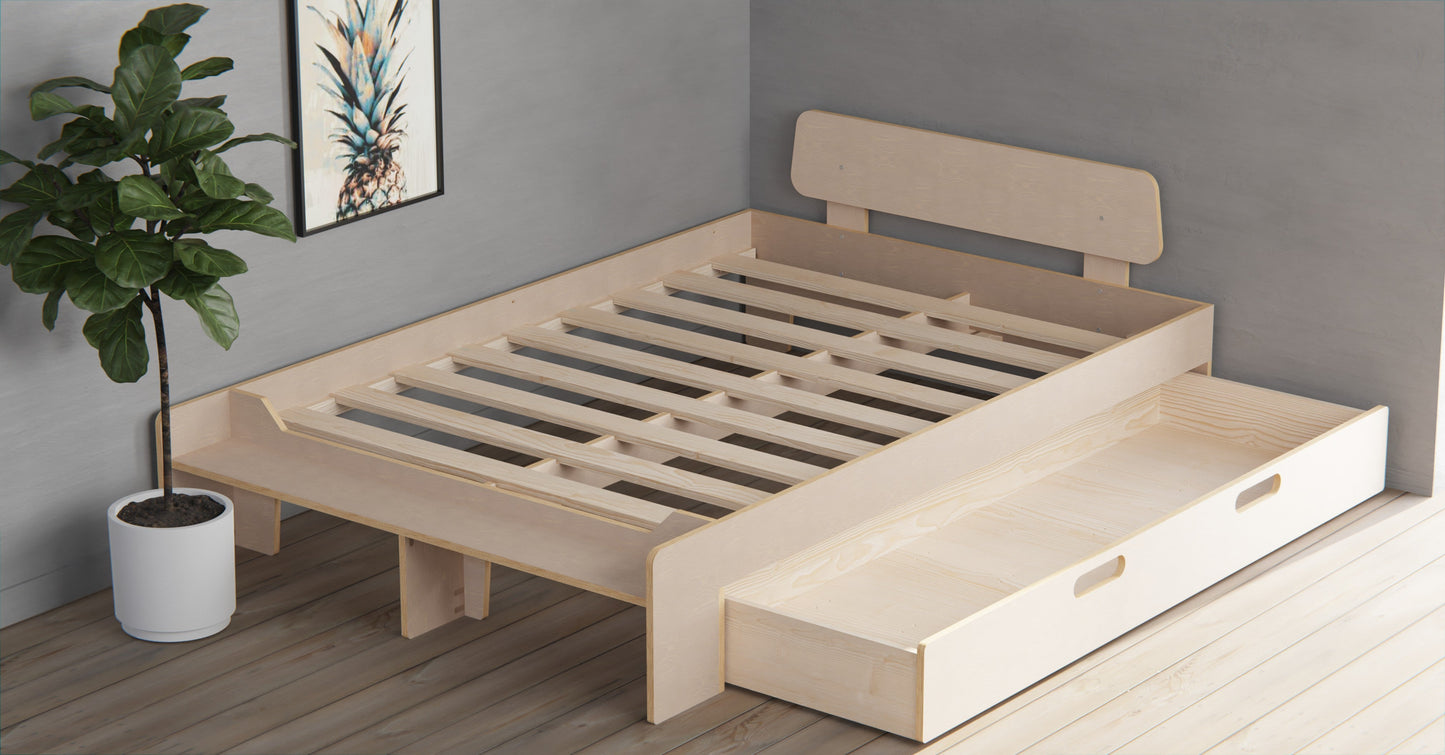 Discover stunning double size plywood bed frames with shelves. High quality & stylish, with included headboard!