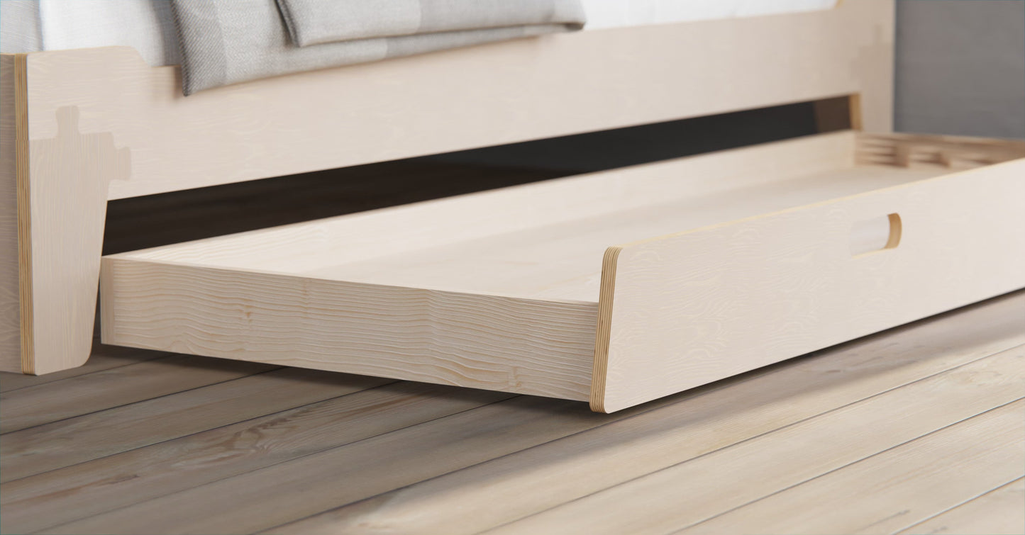 Trundle for birch plywood beds — smooth-rolling under-bed unit for spare mattress or storage, NZ-crafted
