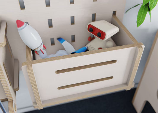Boost organization in your kid's study area with our innovative plywood drop box for pegboards. Make study time clutter-free