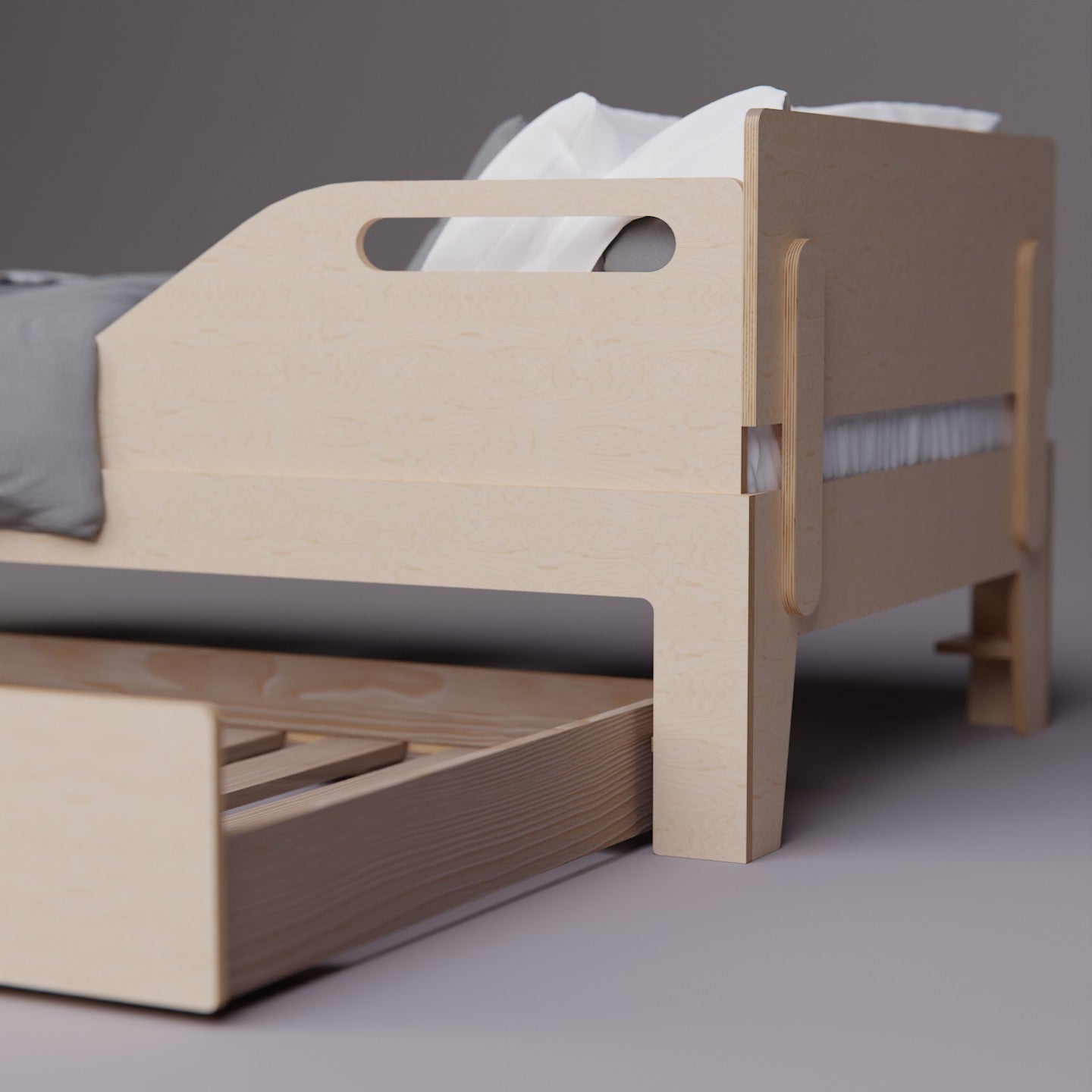Discover the perfect floor bed frame with storage drawer for child and adults. Low profile and multiple guardrail options for safety and convenience.