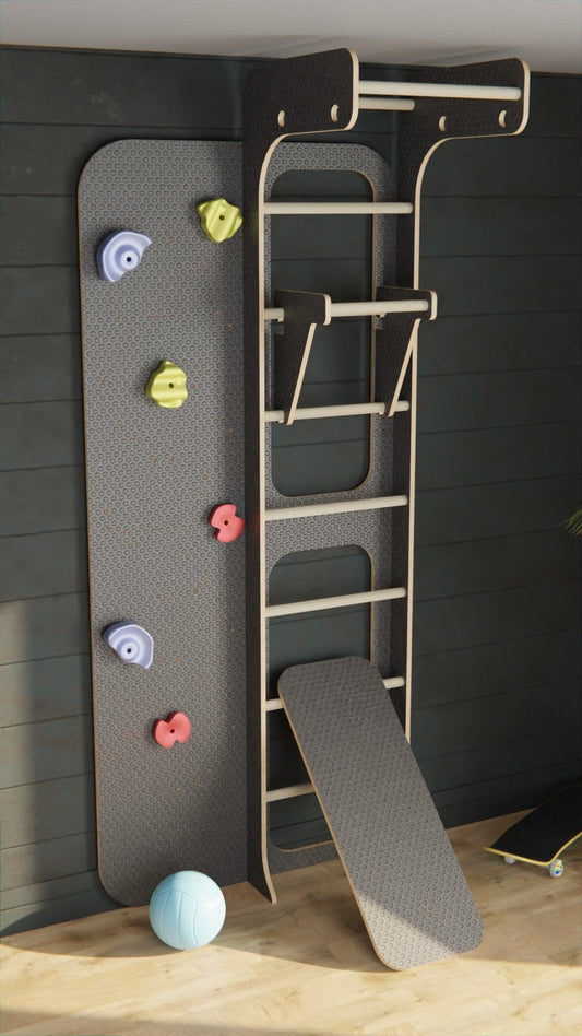 Our indoor gym with a rock climbing wall is the perfect solution for kids' active play, regardless of outdoor conditions