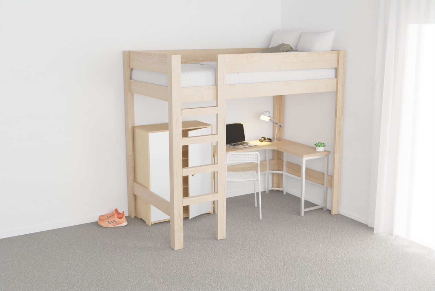 Kids’ single loft bed with storage space below and optional storage stairs for safety