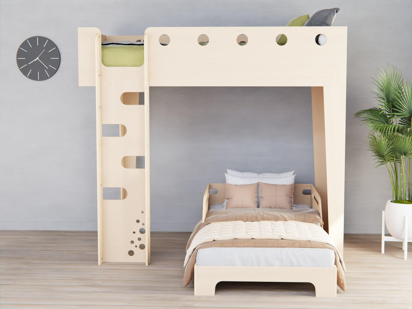 Multifunctional design in our modern plywood loft bed and study desk combo. Space-saving never looked so good.