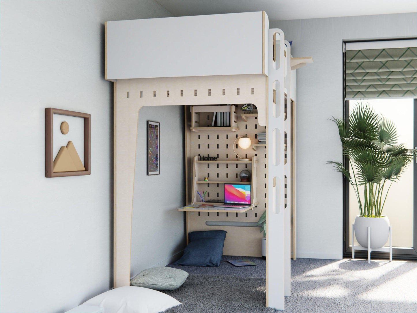 Functional and stylish, our white plywood loft bed houses a study desk for productivity and rest.