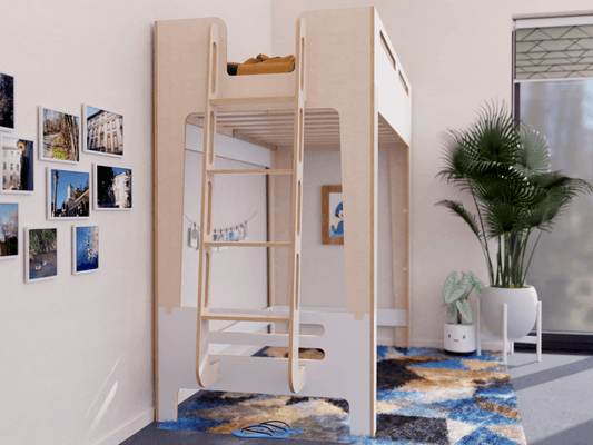 Transform bedtime with our modern kids' loft bed in white, thoughtfully designed with plywood for comfort.