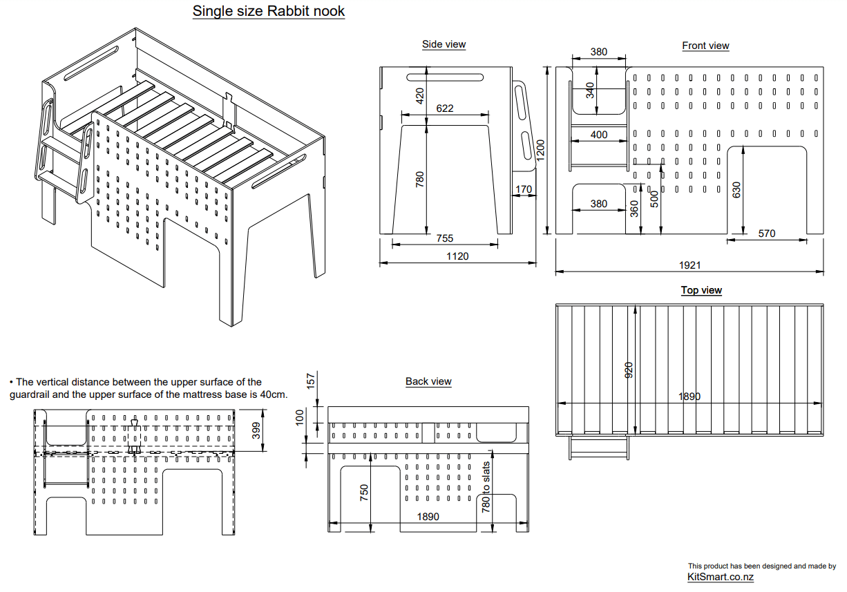 Plywood low loft bed with built-in study table and shelf for children's room.