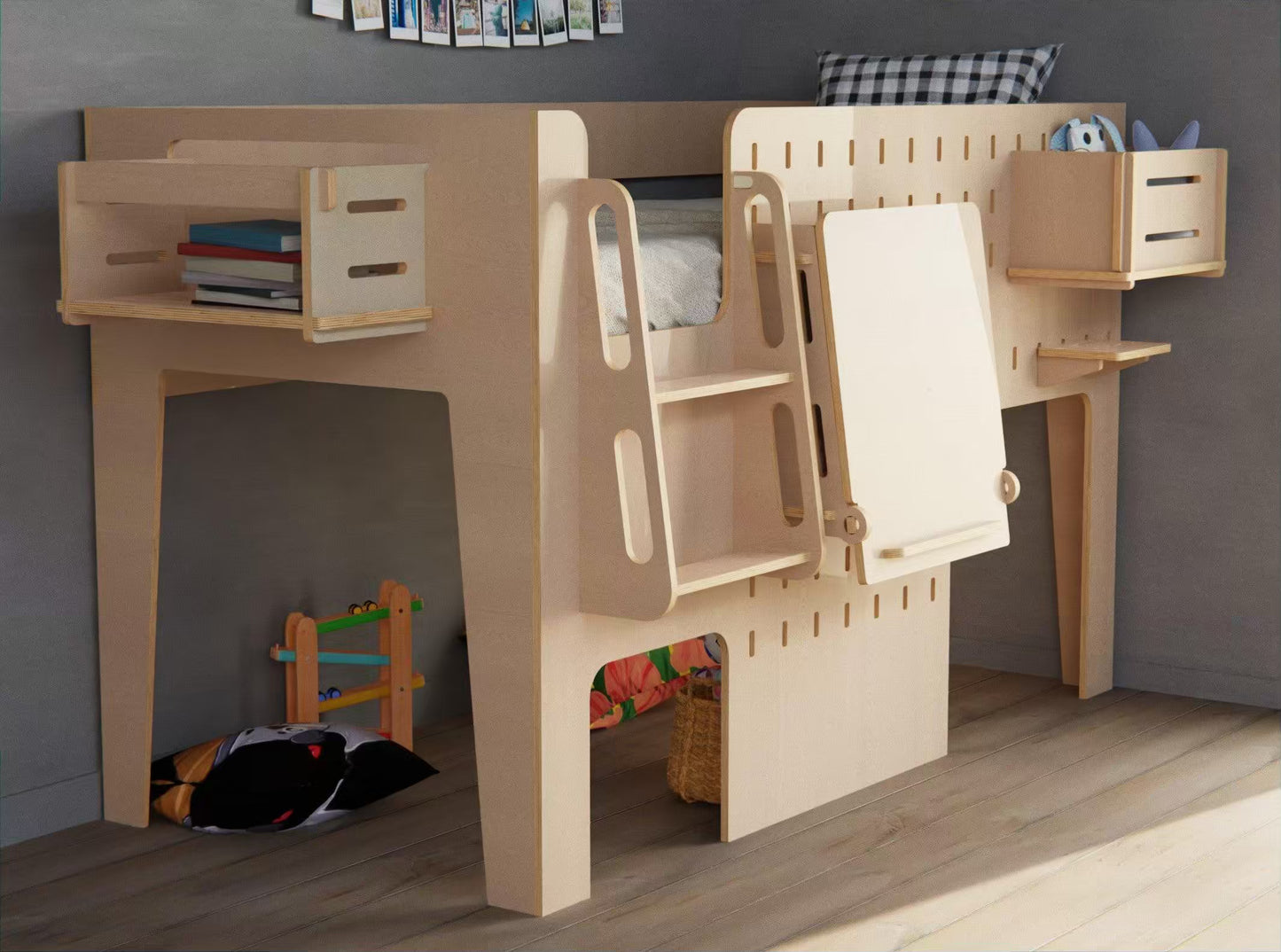 Eco-friendly design: Kid's plywood low loft bed with study table and shelf
