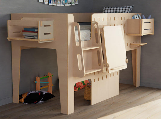 Elegant children's plywood loft bed featuring a handy study table