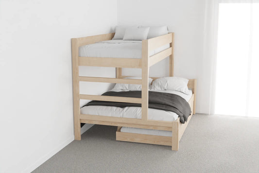 NZ pine family bunk bed with pull-out trundle bed extended, showing three sleeping spaces in a compact kids’ room