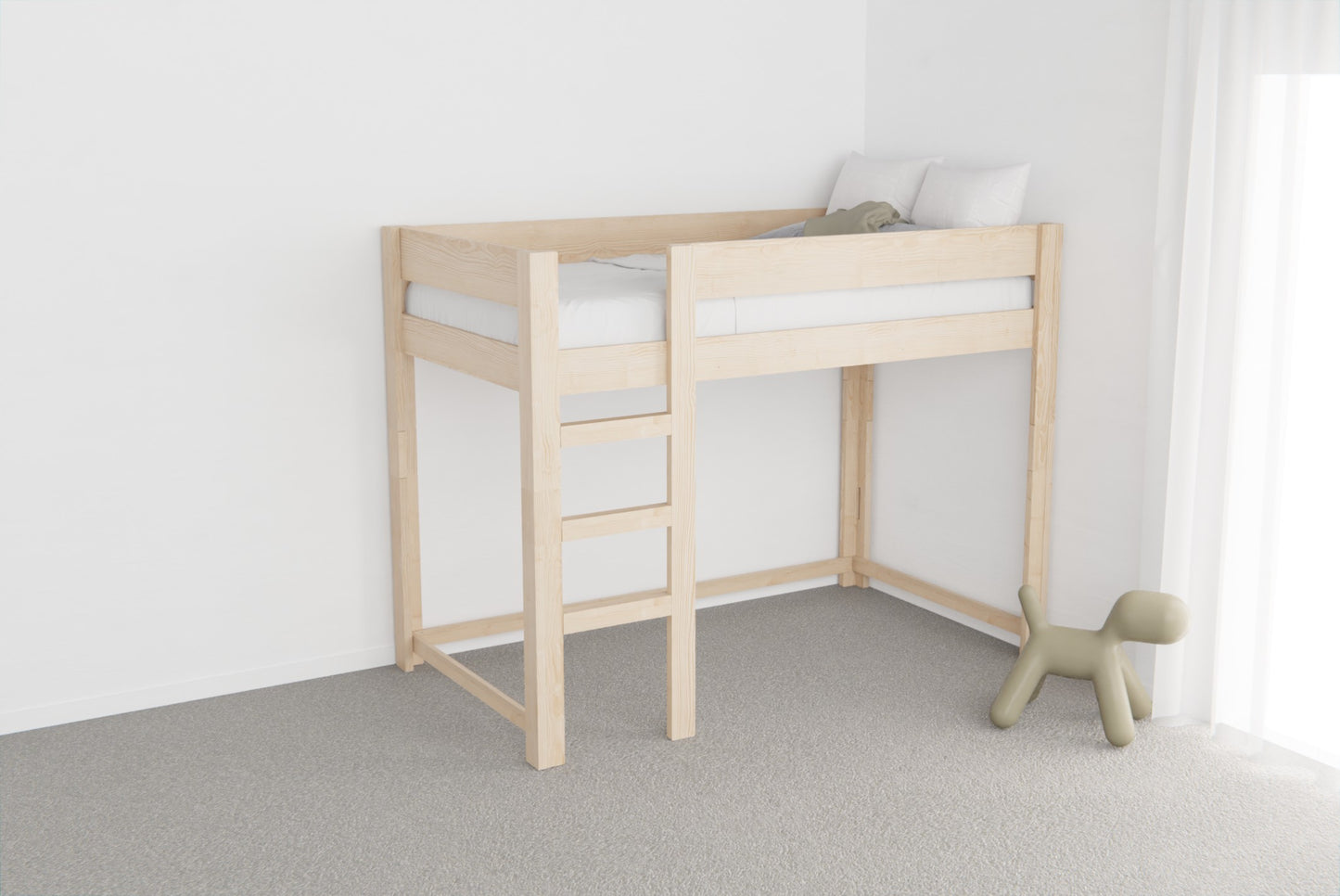 Loft bed for kids — sturdy pine frame, timeless look, fits storage or extra mattress