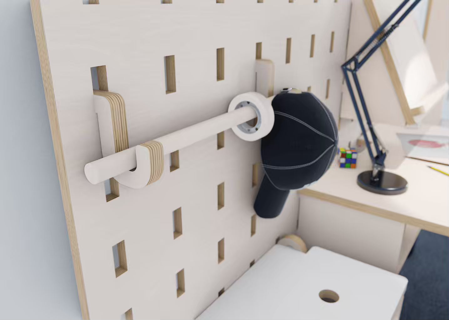 Pegboard hook in plywood—simple clip-on accessory for everyday items