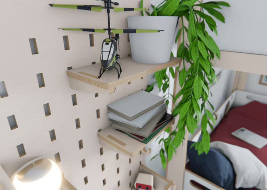 Single birch ply shelf for our Backboard System—clip-on storage for work or study
