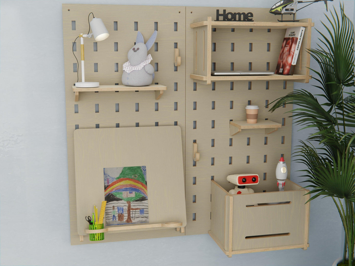 Our plywood pegboard with a desk-easel - the perfect canvas for your child's creativity. Storage made artistic!