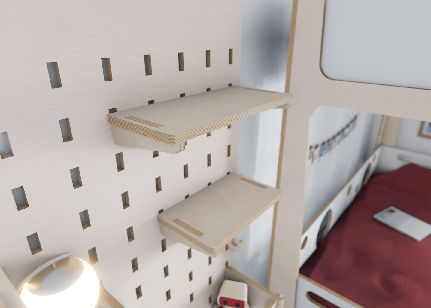 Spark creativity and organization in your child's room with our unique plywood pegboard featuring a desk-easel.