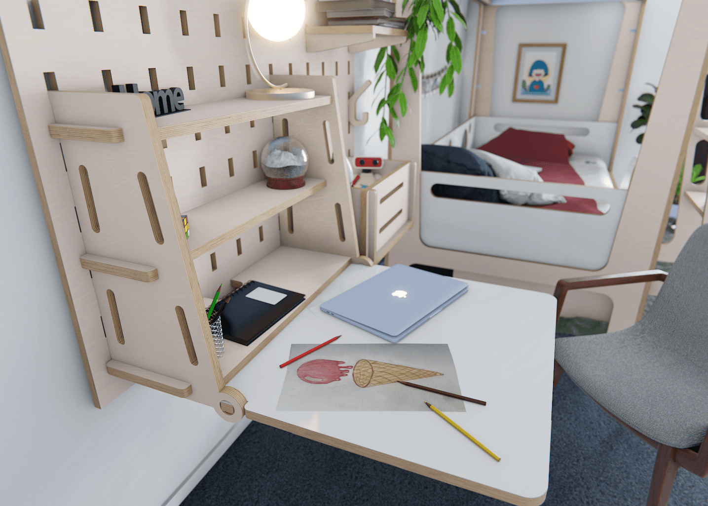Experience the blend of style and utility with our plywood pegboard. Foldable desk and shelves for dynamic workspaces.