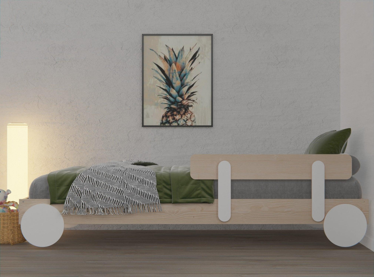 Wooden car bed frame for kids, comes with guardrail