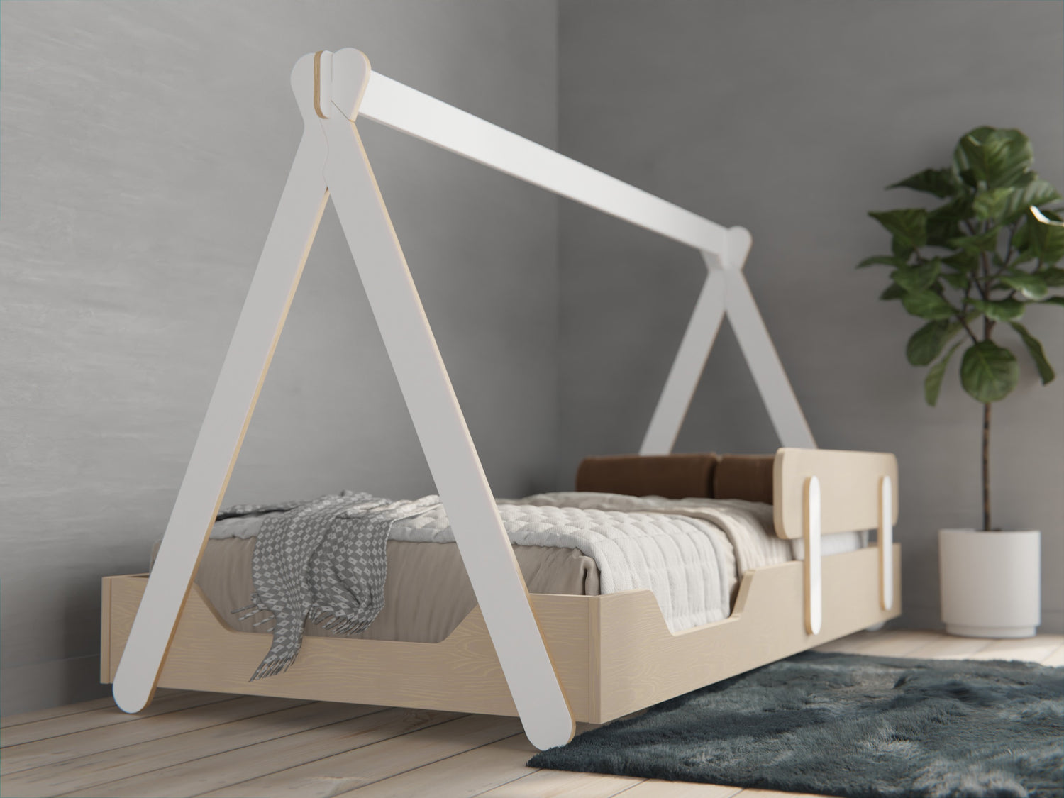 Wooden toddler bed in canopy style with guard rail