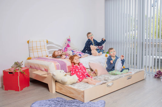 Image of innovative kids' beds: Flippable frame in low & high positions and Montessori bed with removable rails. Beds that adapt as your child grows.