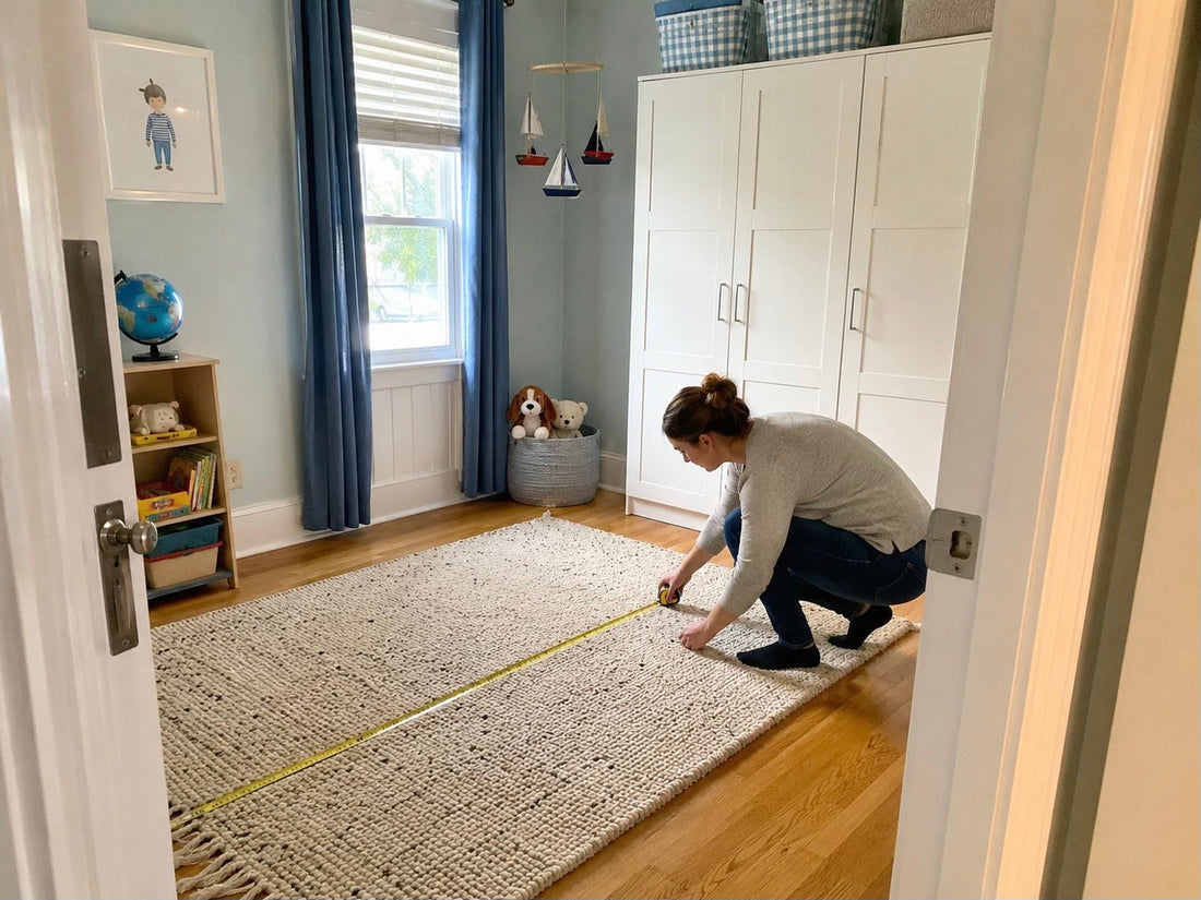 Parent measuring a child’s bedroom before choosing a wooden bed, with the doorway, wardrobe and available floor space visible