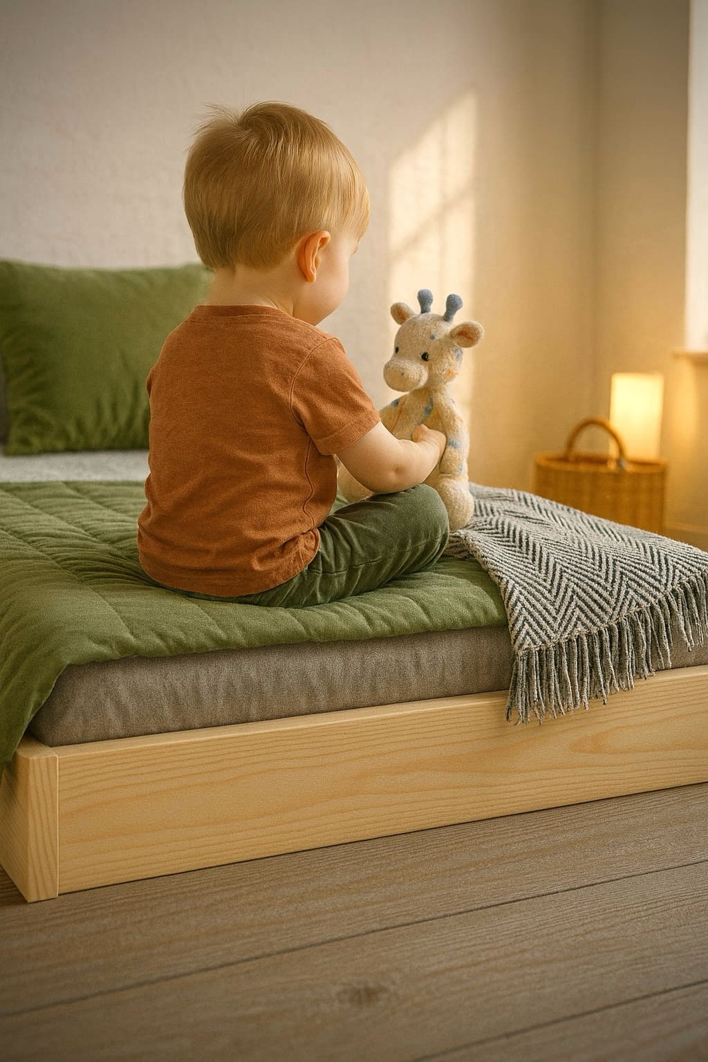 Toddler moving from cot to natural pine Montessori floor bed in a New Zealand bedroom