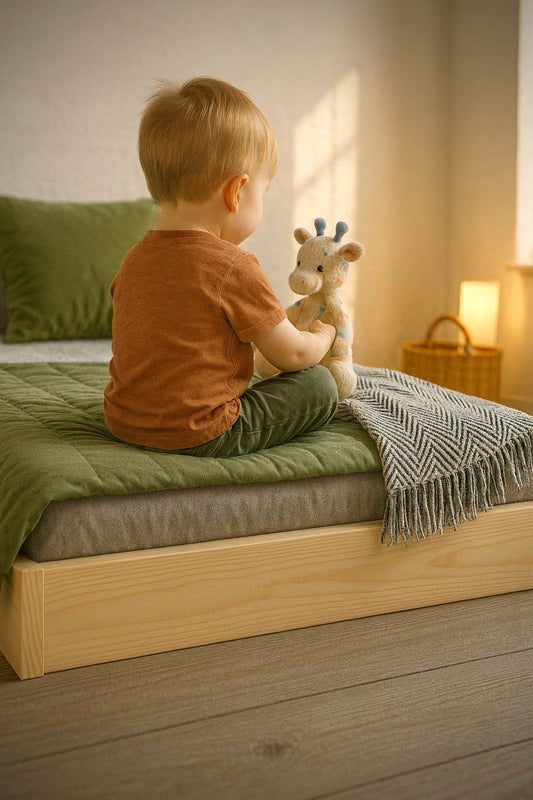 Toddler moving from cot to natural pine Montessori floor bed in a New Zealand bedroom