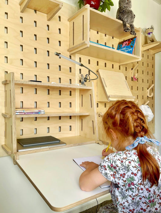 Versatile pegboards for study and storage – ideal for children’s rooms to organise, display crafts, and customise with shelves, desks, and boxes.