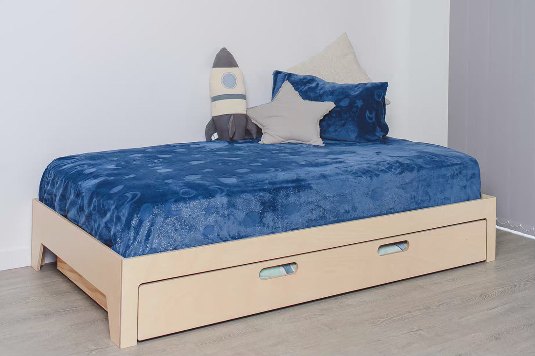 Kids’ room with birch plywood trundle bed for sleepovers, NZ made and beautifully finished