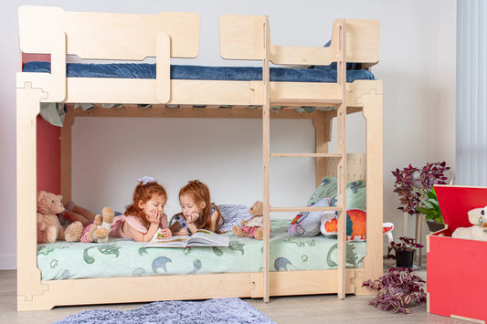 Stylish and durable plywood kids' bed, crafted with eco-conscious materials. Neutral palette showcases intricate grain patterns, symbolizing modern design and sustainability.