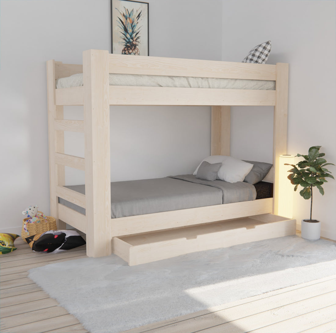 Versatile Wooden Bunk Bed with Adjustable Height, Optional Drawer, and Durable NZ Pine Construction - Ideal for Modern, Eco-Conscious Homes.