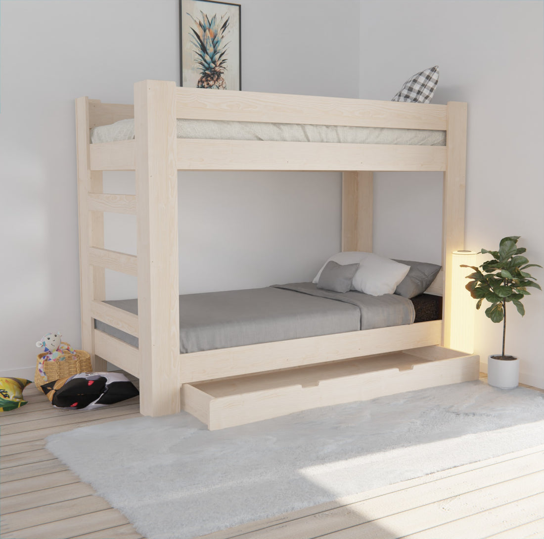 Available in natural New Zealand pine wood, this bunk bed with trundle easily complements any decor style with its versatility. We offer the best price guaranteed.