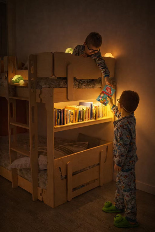 Warm bedside lamp and a dim night light in a child’s bedroom, creating a calm sleep-friendly lighting setup in a NZ home