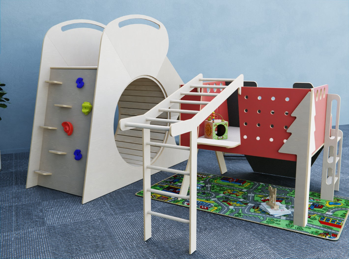 Large playroom set with Slide, Rolling drum, Climbing Wall anf