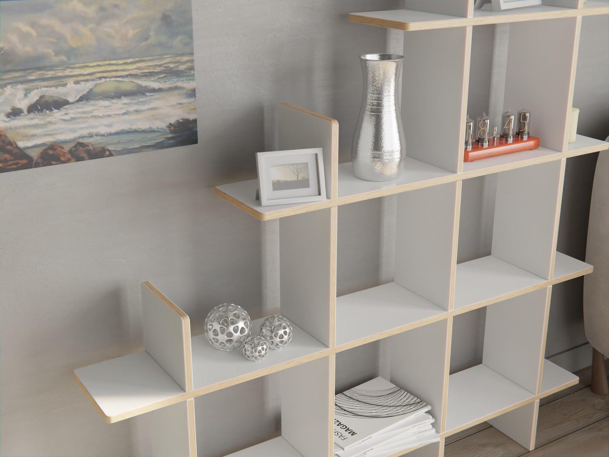 Adjustable open shelving unit in birch plywood — minimalist Scandi-style storage for modern NZ homes
