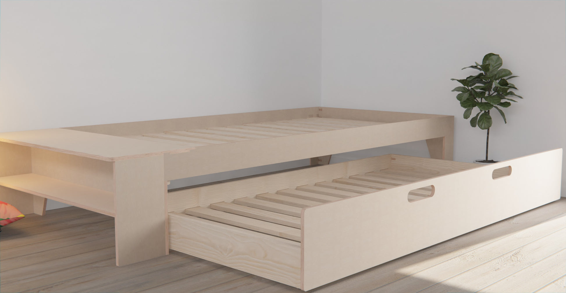 Innovative wooden bed frame with trundle bed and shelf. Transform your bedroom into a multifunctional retreat.